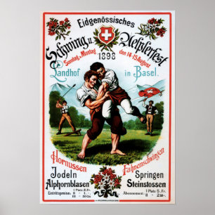 Schweiziskt Basel Alpfestival Wrestling Old Travel Poster