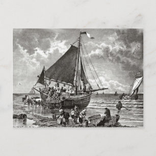 Schweningen 1800-talet, lossning av en fiskebåt vykort