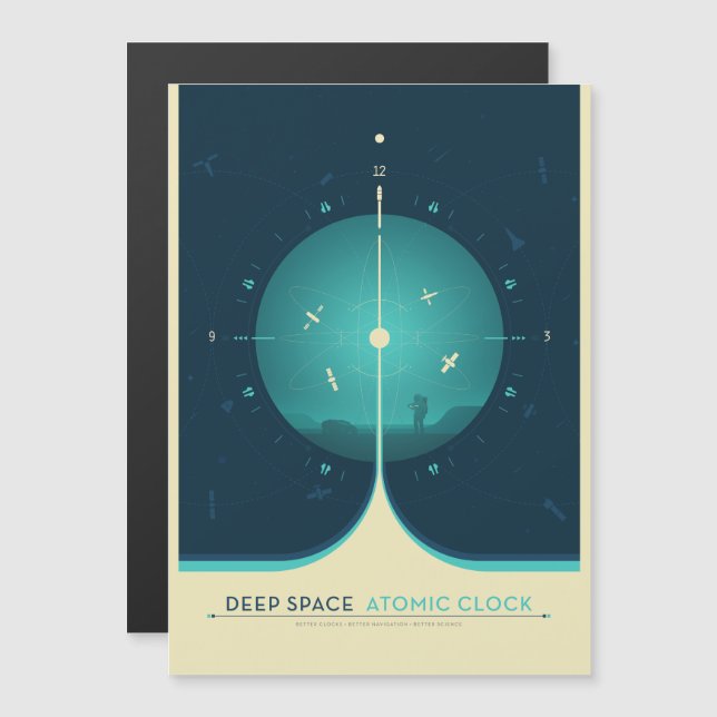 Sci-Fi Ad, Blue Atomic Clock, Deep Space Magnetisk Inbjudningskort (Fram/baksida)