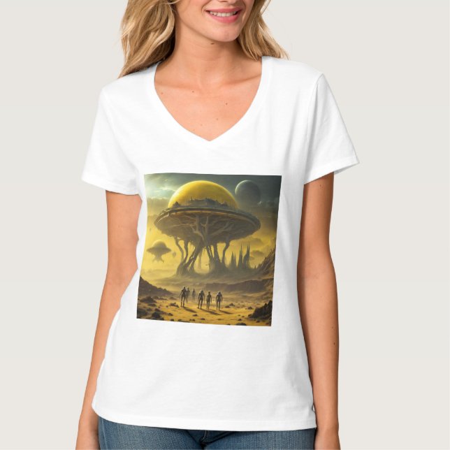 Sci-Fi Alien World View Planet Ufo Torn T Shirt (Framsida)
