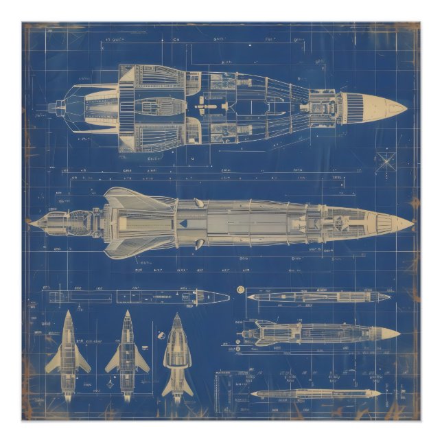 Sci-Fi Blueprint Rocket Fototryck (Framsidan)