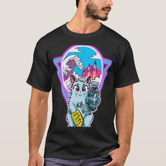 Sci Fi Maneki Neko Katt med turmynt T Shirt (Framsida)