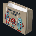 Sci-Fi-Personligen för Cute Retro-robots<br><div class="desc">Lägg i presenter i stil med den här personligen. Ditt eget anpassningsbar-meddelande visas i marinblå text ovanför en illustration av de söta stil-robotarna. Bilden är i röda och blå nyanser och ställs in mot en brant färgad bakgrund. Bilden och texten visas på både framsidan och baksidan av denna presentsäck.</div>
