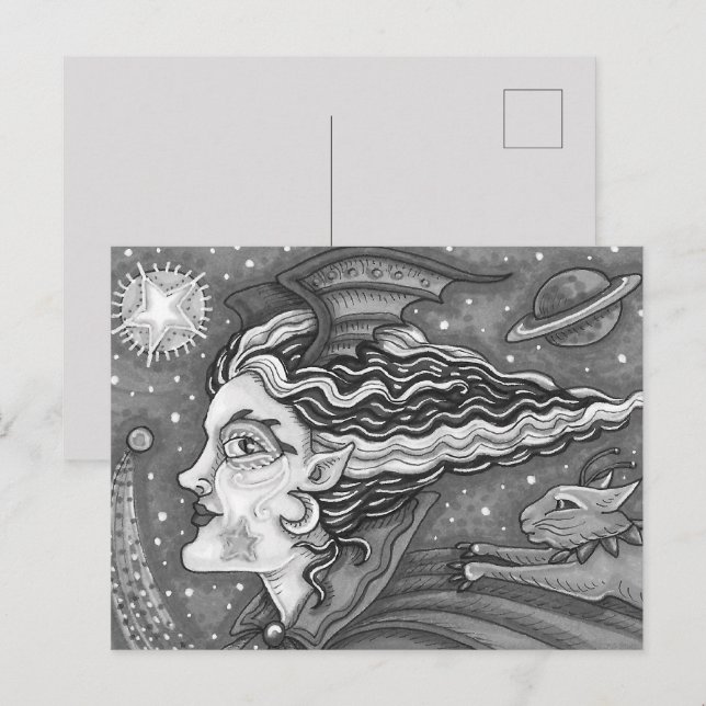 SCI FI RACE WITCH & COMET CAT BLK/WHT HALLOWEEN HELG VYKORT (Fram/baksida)