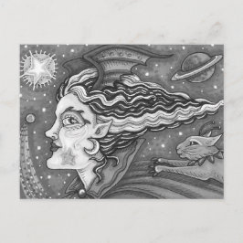 SCI FI RACE WITCH & COMET CAT BLK/WHT HALLOWEEN HELG VYKORT