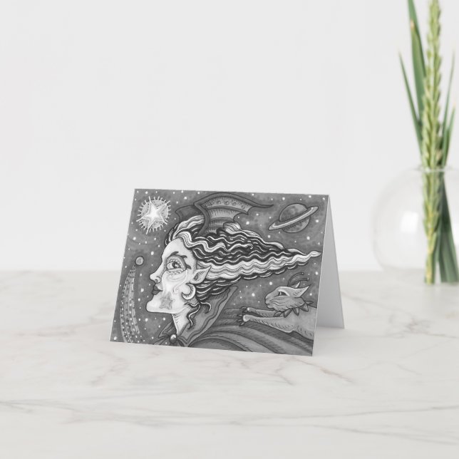 SCI FI RACE WITCH & COMET CAT HUMOR BLK/WHT Blank Kort (Framsida)