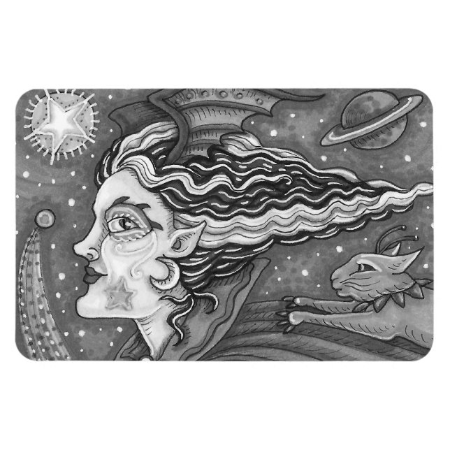 SCI FI RACE WITCH & COMET CAT HUMOROUS HALLOWEEN MAGNET (Horisontell)