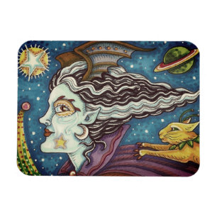 SCI FI RACE WITCH & COMET CAT HUMOROUS HALLOWEEN MAGNET