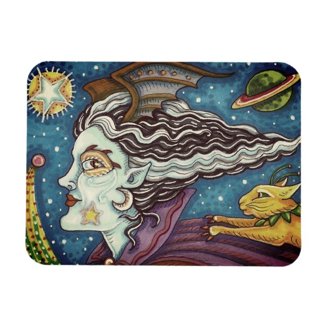 SCI FI RACE WITCH & COMET CAT HUMOROUS HALLOWEEN MAGNET (Horisontell)