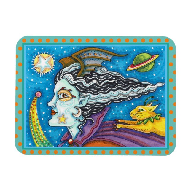 SCI FI RYMDHÄXA & KOMETKATT FÄRGFULLT HALLOWEEN MAGNET (Horisontell)