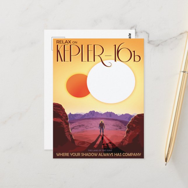 Sci-Fi Travel Ad, Planet Kepler-16b Vykort (Fram/Back In Situ)