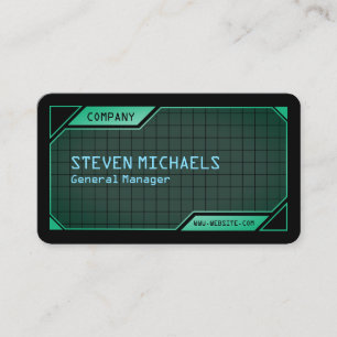 Sci om grönt i ram och svart visitkort