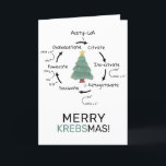 Science Biology Kreb's Cycle jullärare Helgkort<br><div class="desc">Vetenskapen temade hälsning med en illustration av Krebs cykel,  ett viktigt steg i cellulär andning. Texten på framsidan lyder "Merry KREBSMAS". Vattenfärgen Julgran med stjärnan i mitten. Inuti texten är det redigerbart och står "Glad helg". Underbar för vetenskapslärare,  labbpartner och biologi älskare.</div>