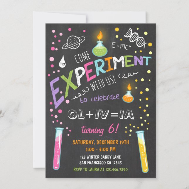 Science Experiment Birthday Investigation Girl Inbjudningar (Framsida)