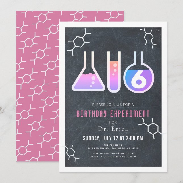 Science Experiment Black Chalkboard Girl Birthday Inbjudningar (Fram/baksida)