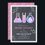 Science Experiment Black Chalkboard Girl Birthday Inbjudningar<br><div class="desc">Denna coola av "födelsedagsexperiment" födelsedagsfest inbjudan för flickor har en bakgrund med kolvar och en provrör med vit gräns. Baksidan har en rosa bakgrund med molekyler mönster. Anpassa efter dina behov. Du hittar matchande produkter i min butik.</div>