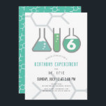 Science Experiment White & Grönt Boy Birthday Inbjudningar<br><div class="desc">Denna coola av "födelsedagsexperiment" i födelsedagsfest inbjudan har en vit bakgrund med kolvar och ett teströr. Baksidan har en tealbakgrund med molekylärt mönster. Anpassa efter dina behov. Du hittar matchande produkter i min butik.</div>