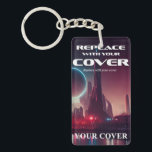 Science Fiction Bokomslag & Citat Personlig Förfat<br><div class="desc">Science fiction-författarpresent i form av en nyckelring tryckt med omslaget till din sci-fi-roman på ena sidan och ett citat från din bok på baksidan, mot en futuristisk bakgrund i mörkblått. Lägg till ditt namn också i ett ljust blått coolt teckensnitt. Dina läsare kommer att bli eld och lågor över denna...</div>