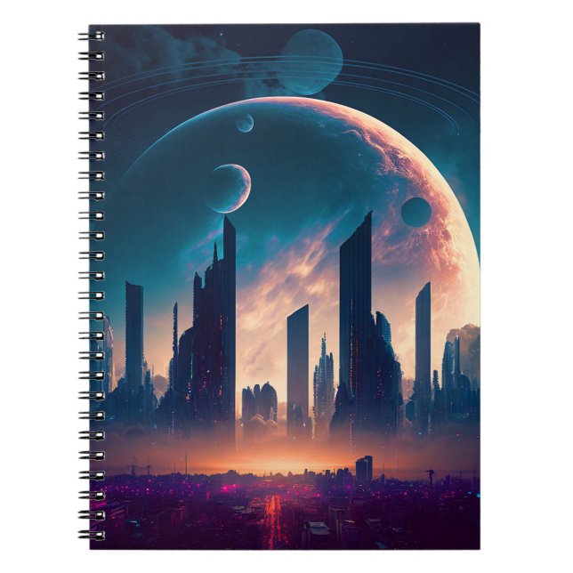 Science fiction Cyberpunk Space City Anteckningsbok (Framsidan)