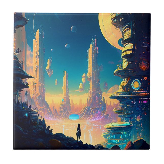 Science fiction Futuristiska City Ceramic Tile Kakelplatta (Framsidan)