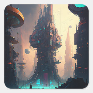 Science fiction Futuristiska City Square-fästare Fyrkantigt Klistermärke