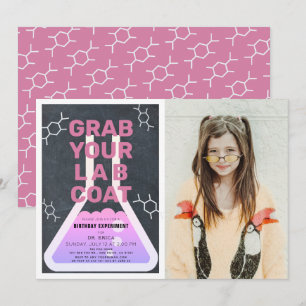 Science Flask Chalkboard Girl Rosa Photo Birthday Inbjudningar
