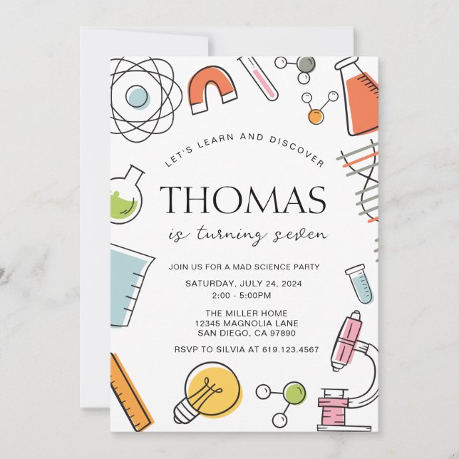 Science Födelsedagsfest inbjudan ・ Mad Science (Framsida)