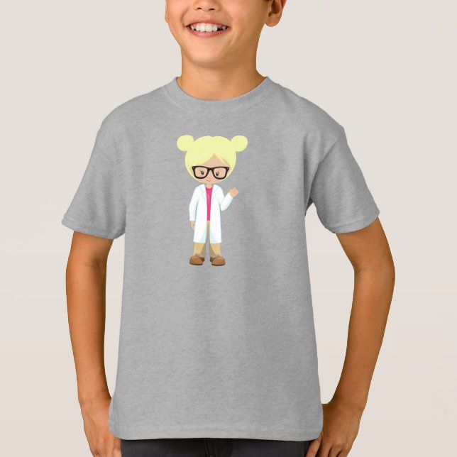 Science Girl, Scientist, Cute Girl, Blonde Hair T Shirt (Framsida)
