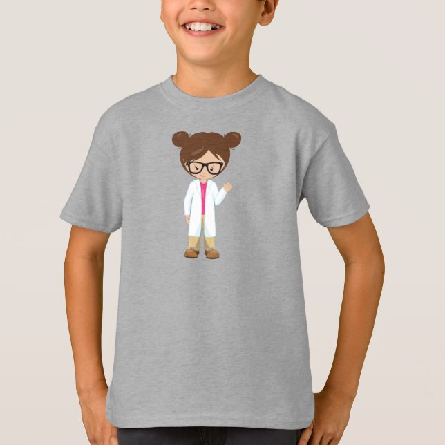 Science Girl, Scientist, Cute Girl, Brown Hair T Shirt (Framsida)