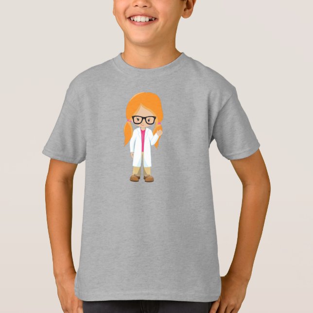 Science Girl, Scientist, Cute Girl, Orange Hair T Shirt (Framsida)