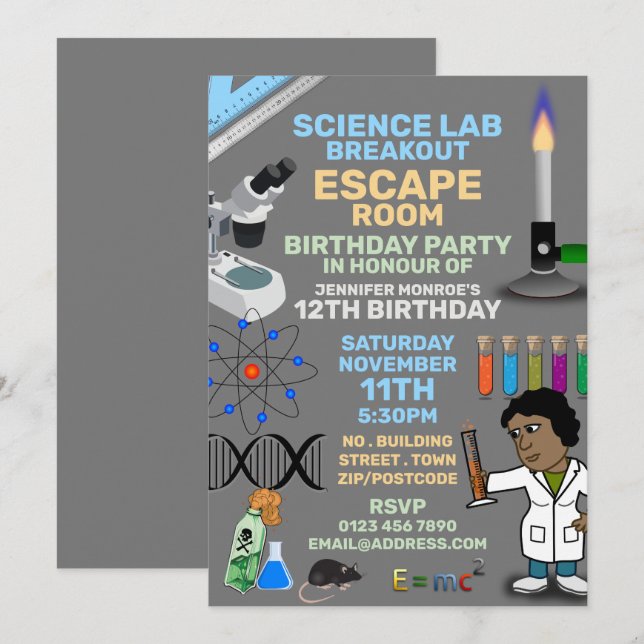 Science Lab Theme Escape Room, Födelsedagsfest Inbjudningar (Fram/baksida)