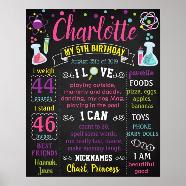 Science Mad Scientist Girl Birthday chalkboard Poster (Framsidan)