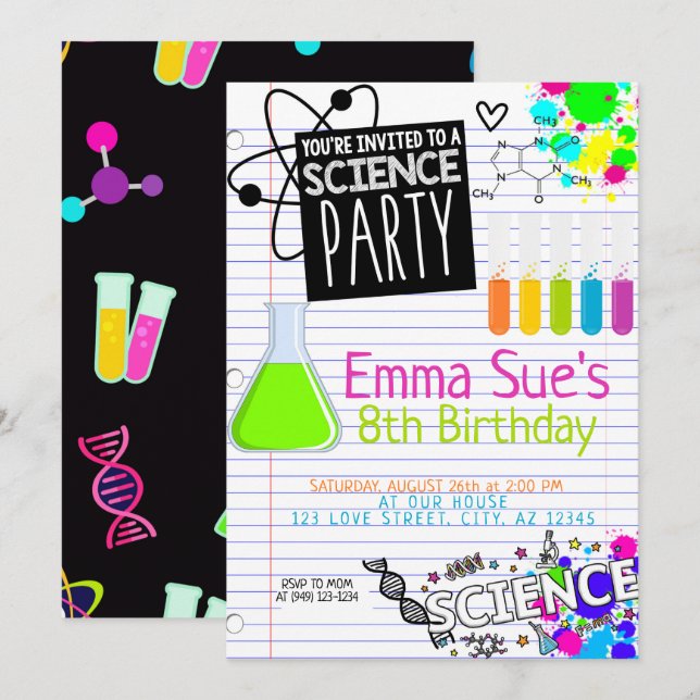 Scientist Party Birthday of Girl Inbjudningar (Fram/baksida)