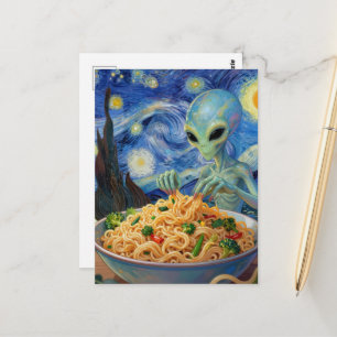 Scifi Blå Alien Äter Nudlar Grönsaker Van Gogh Vykort