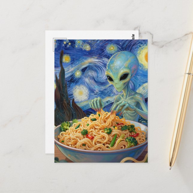 Scifi Blå Alien Äter Nudlar Grönsaker Van Gogh Vykort (Fram/Back In Situ)