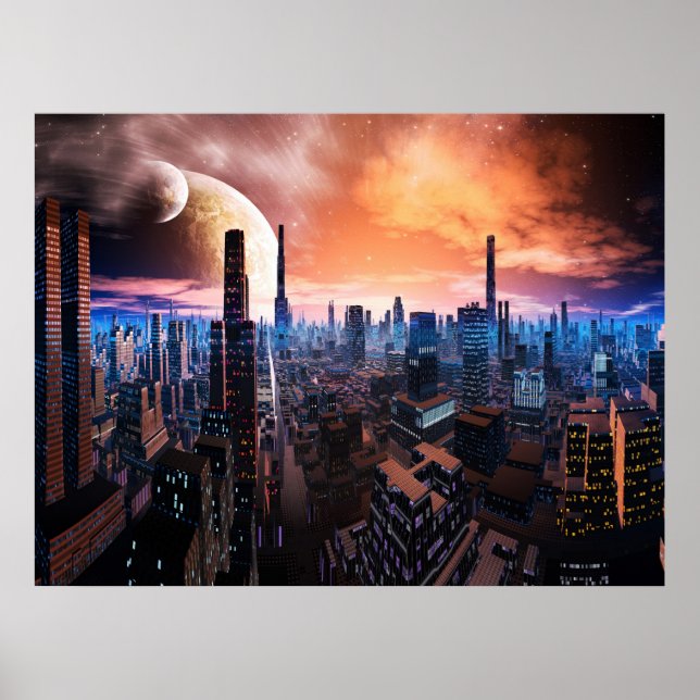 Scifi Fantasy Art "City Aldrig Sleeps" Poster (Framsidan)