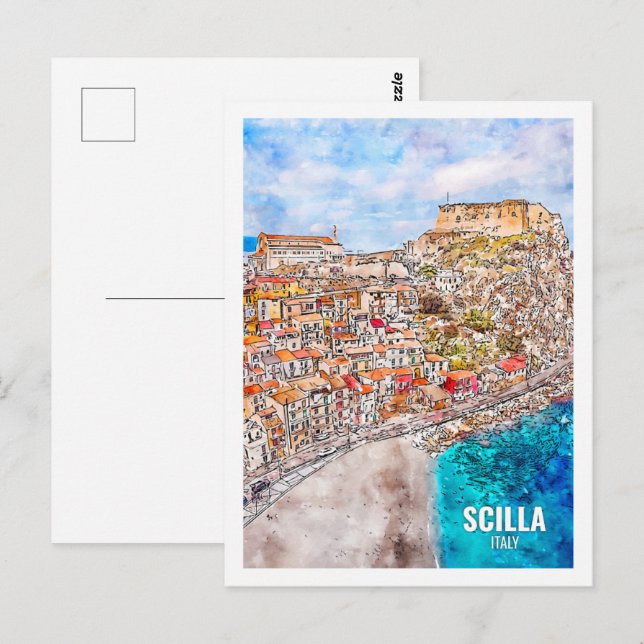 Scilla Italien Berömd Travel Ställe Watercolor Ske Vykort (Fram/baksida)