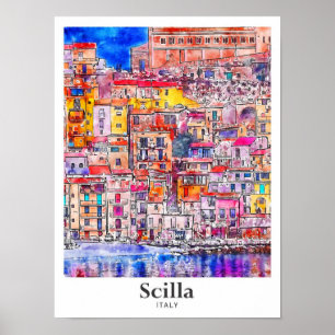 Scilla Italien Travel Watercolor Hand plockade Poster