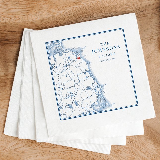 Scituate Massachusetts Karta Elegant Efternamn Pappersservett (These last name Scituate MA napkins are perfect to toast the couple at a wedding reception)