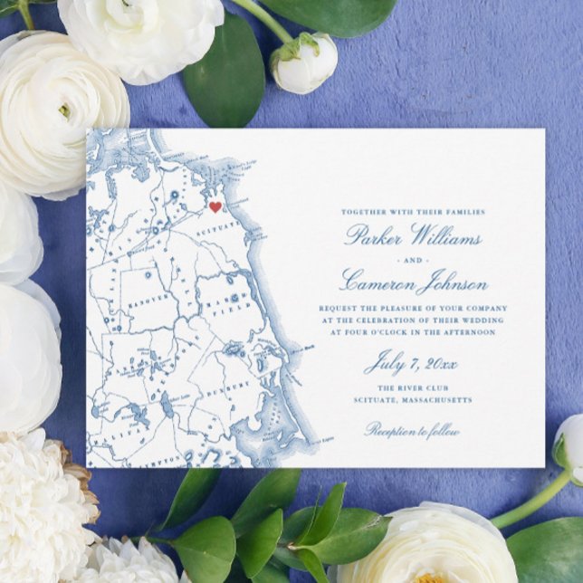 Scituate Massachusetts Karta Elegant Navy Bröllop Inbjudningar (These Scituate Massachusetts wedding invitations are perfect for a South Shore destination wedding)