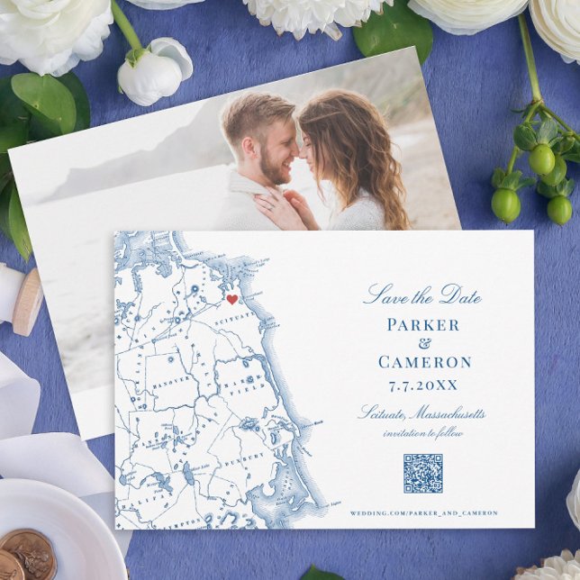 Scituate MORSA Karta Elegant Navy Blue QR-kod Spara Datumet (These Scituate MA map save the dates have a QR code for easy access to your wedding website)