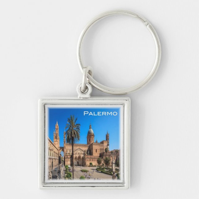 SCL030 PALERMO, Panorama, Sicilien, Italien Fyrkantig Silverfärgad Nyckelring (Framsidan)