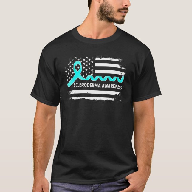 Scleroderma Awareness American Flag   Teal Ribbon T Shirt (Framsida)