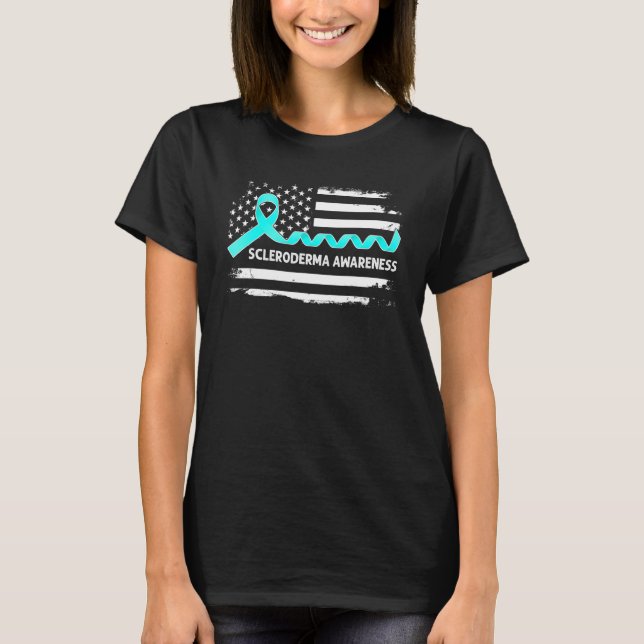 Scleroderma Awareness American Flagga Teal Ribbon T Shirt (Framsida)