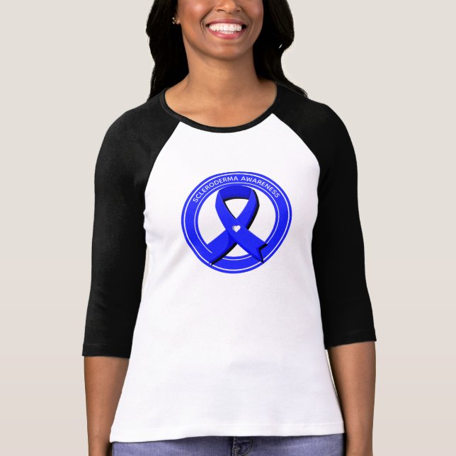 Scleroderma Awareness Blue Ribbon White Heart T Shirt (Framsida)