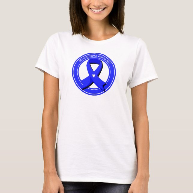 Scleroderma Awareness Blue Ribbon White Heart T Shirt (Framsida)