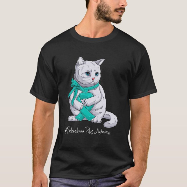 Scleroderma Awareness Month Teal Ribbon Cat T Shirt (Framsida)