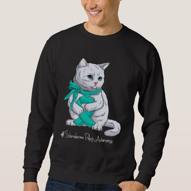 Scleroderma-medvetenhetsmånad Teal Ribbon Katt Lång Ärmad Tröja (Framsida)