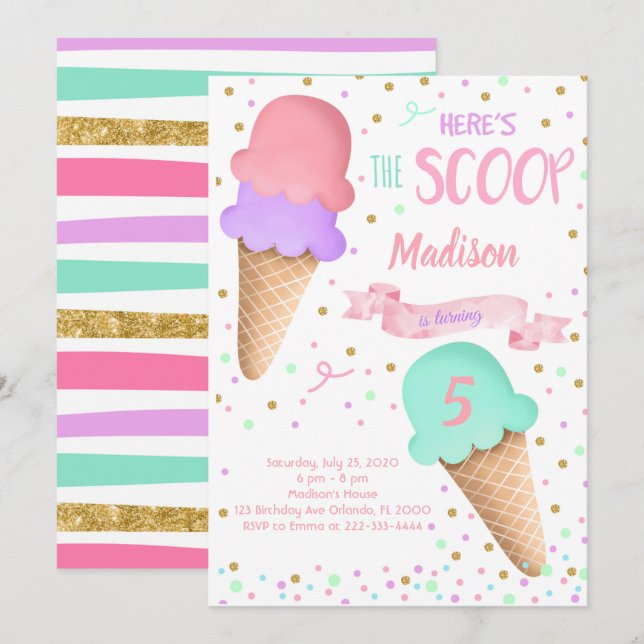 Scoop Glitter Ice Cream Birthday-inbjudan Inbjudningar (Fram/baksida)