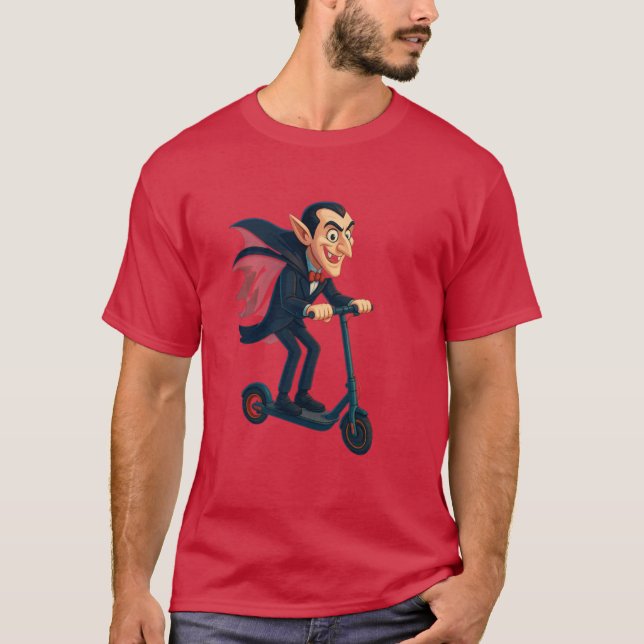 Scooter Dracula Funny toon Vampire on Electric Rid T Shirt (Framsida)